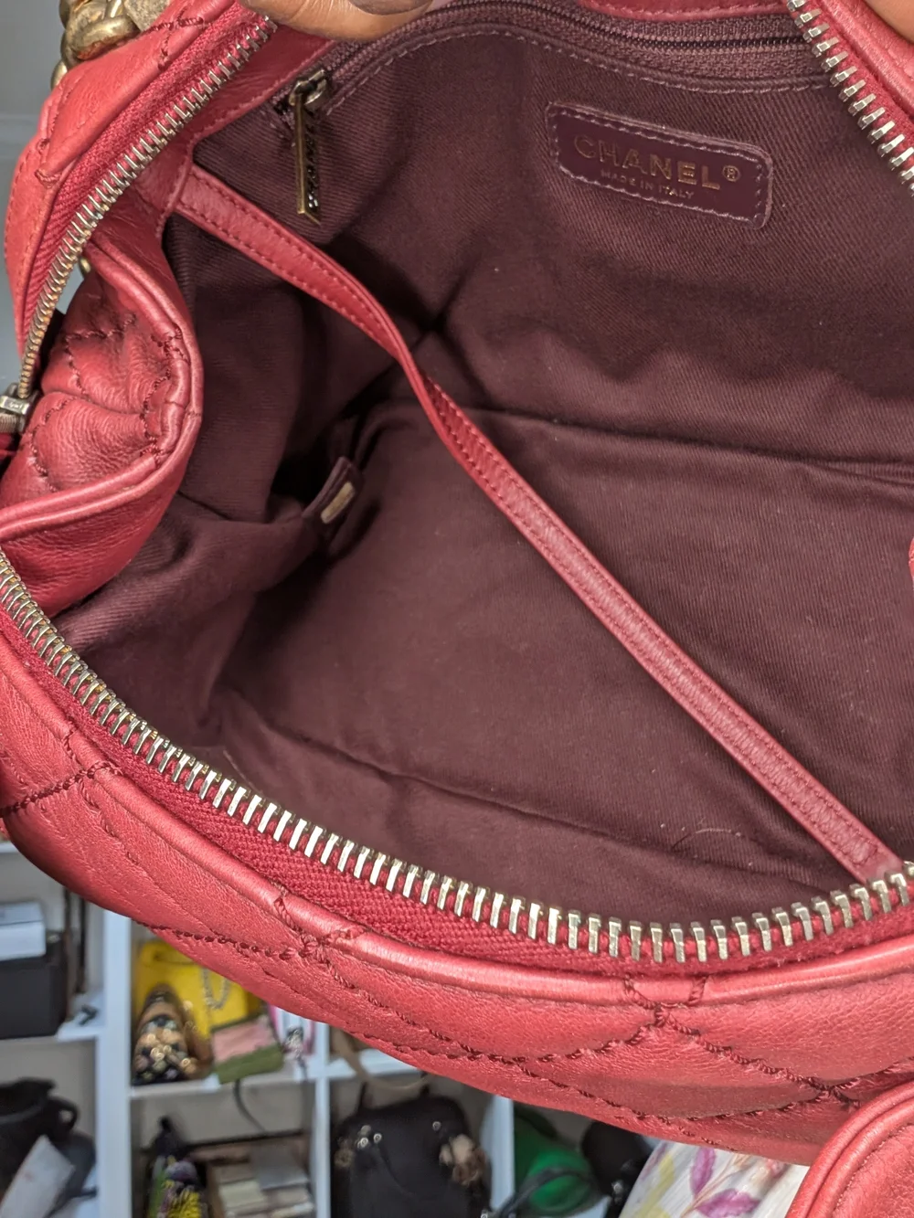 Chanel CC 2 way top handle Quilted Red Shoulder Handbag with bronze Chain